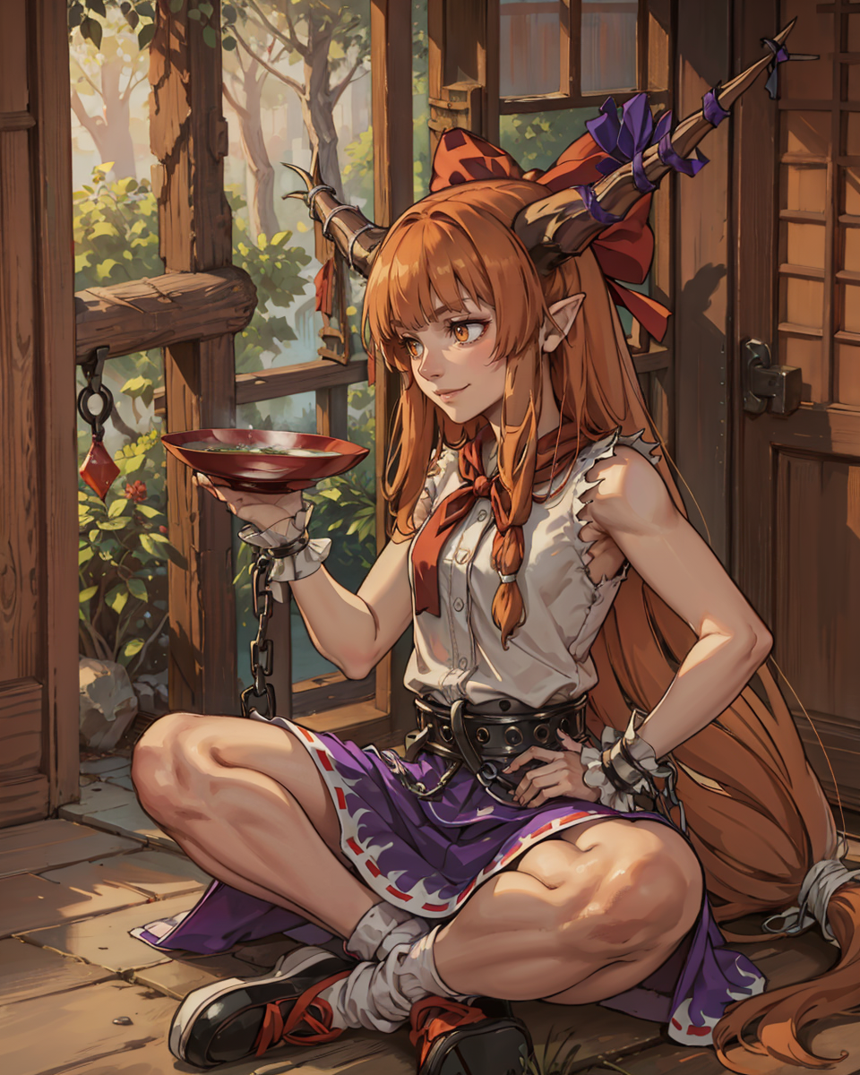 04281-4289344771-masterpiece, best quality, _lora_suika_1_,1girl, ibuki suika, horns, solo, tree, long hair, skirt, horn ornament, shirt, sitting.png